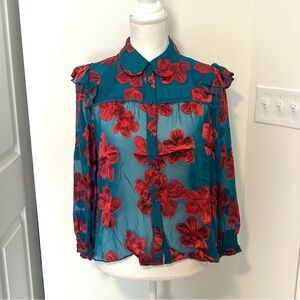 Floral Sheer Blouse - Teal and Red